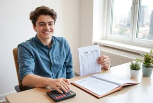 Young adult at desk with laptop, budgeting spreadsheet, calculator, plant, city skyline outside.