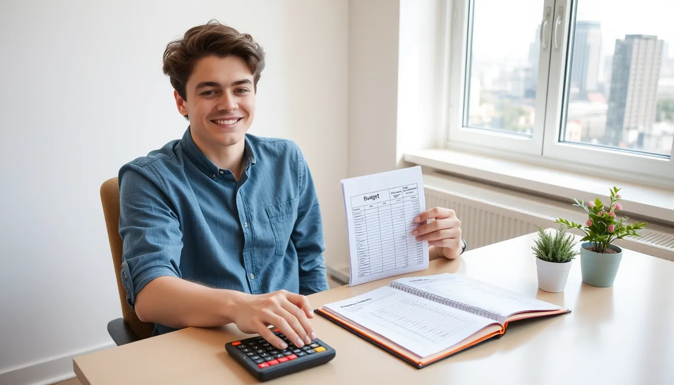 Young adult at desk with laptop, budgeting spreadsheet, calculator, plant, city skyline outside.