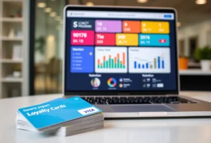 An office desk with a laptop showing a loyalty program dashboard and a stack of generic cards.
