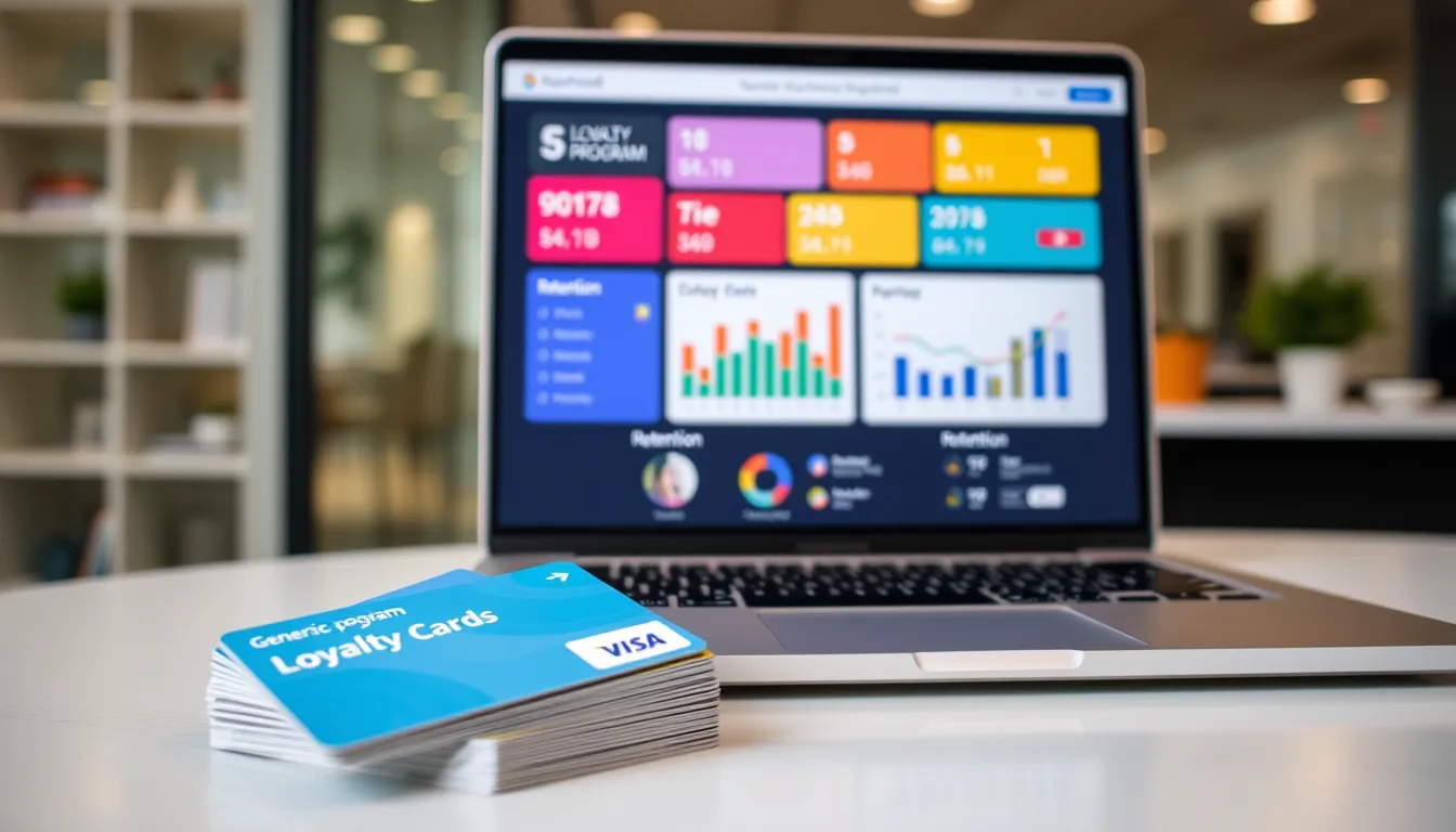 An office desk with a laptop showing a loyalty program dashboard and a stack of generic cards.