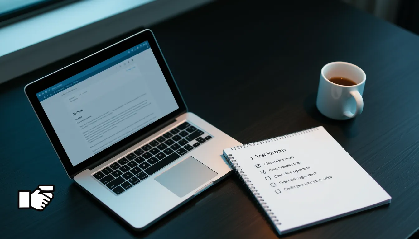 Desk with laptop, email draft, notepad, coffee mug, handshake icon.